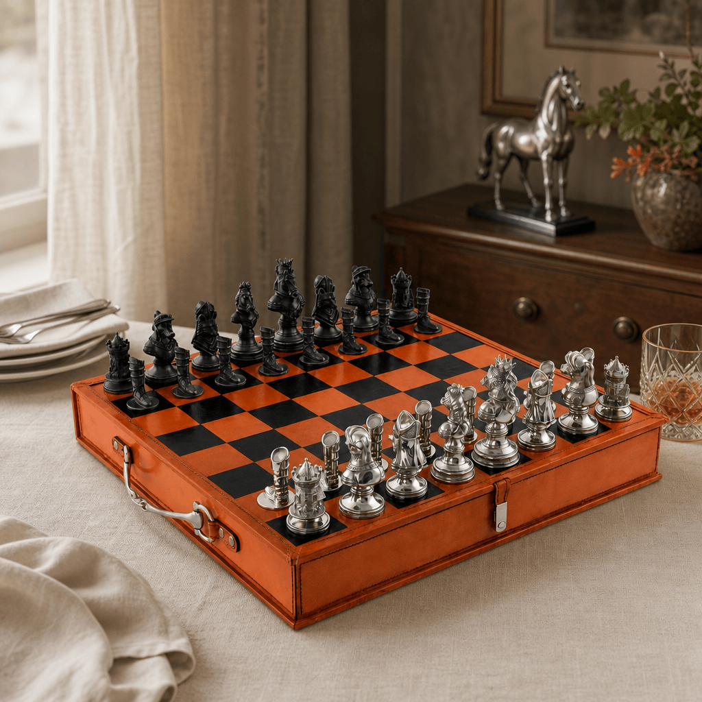 Equestrian Hunt Chess Set Leather Board and Storage 3