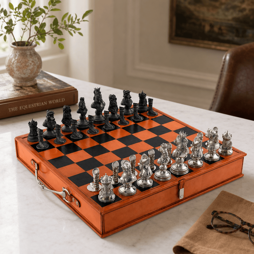 Equestrian Hunt Chess Set Leather Board and Storage 10