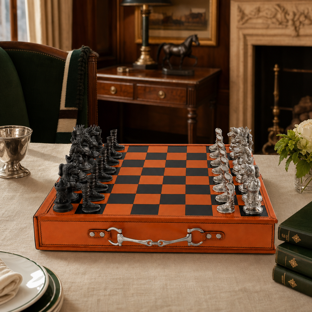 Equestrian Hunt Chess Set Leather Board and Storage 6