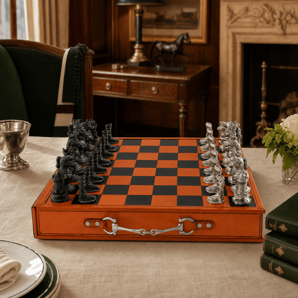 Equestrian Hunt Chess Set Leather Board and Storage 6