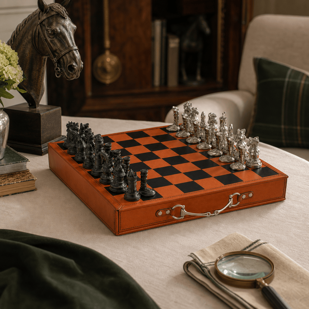Equestrian Hunt Chess Set Leather Board and Storage 9