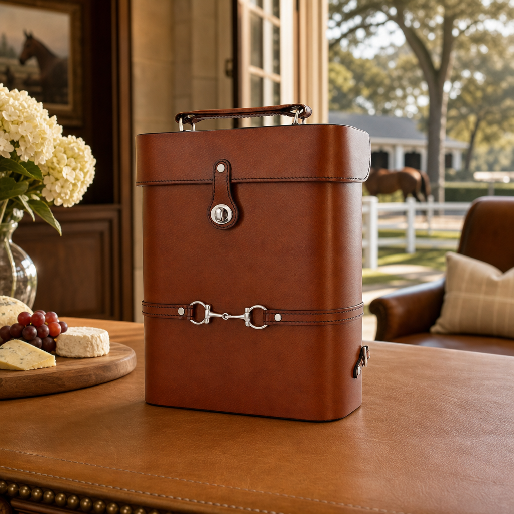 Premium Genuine Leather Double Wine Bottle Carrier / Tote with Bit Design 6