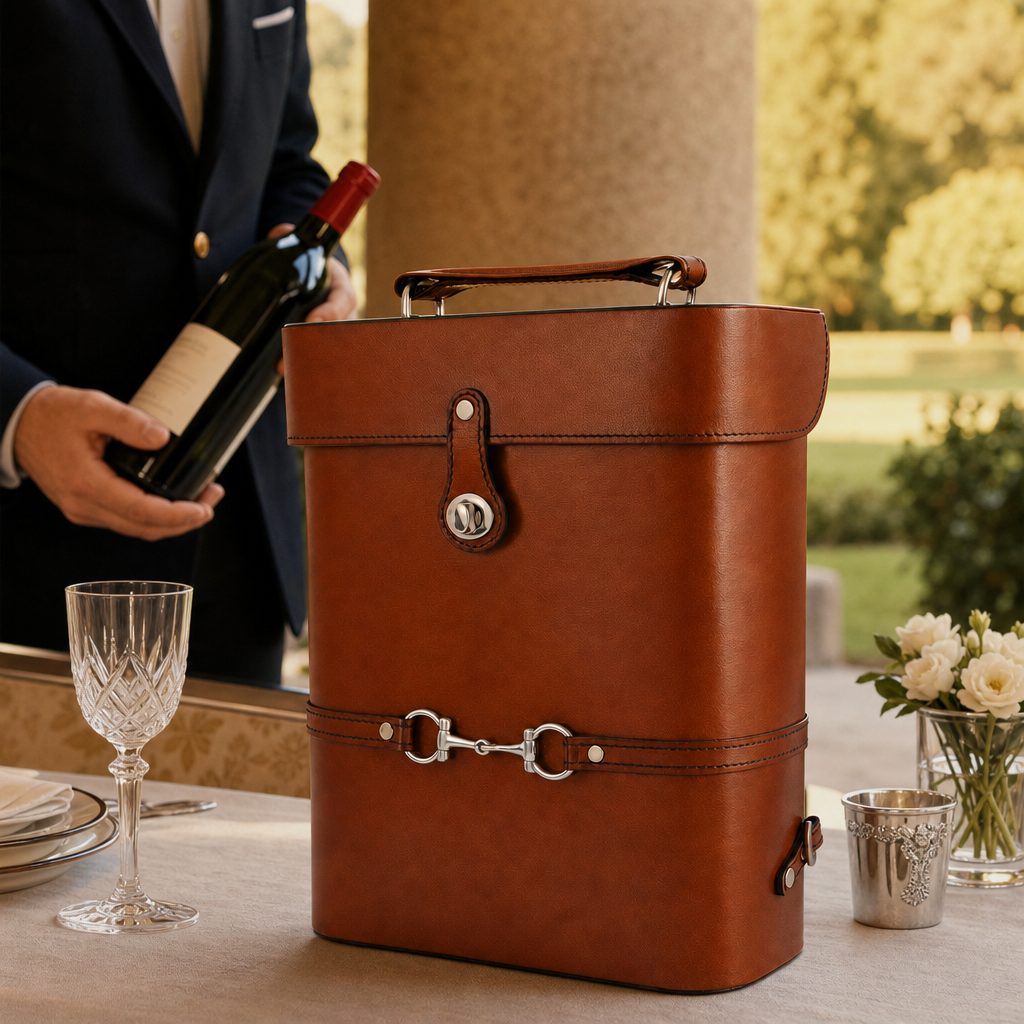 Premium Genuine Leather Double Wine Bottle Carrier / Tote with Bit Design 4