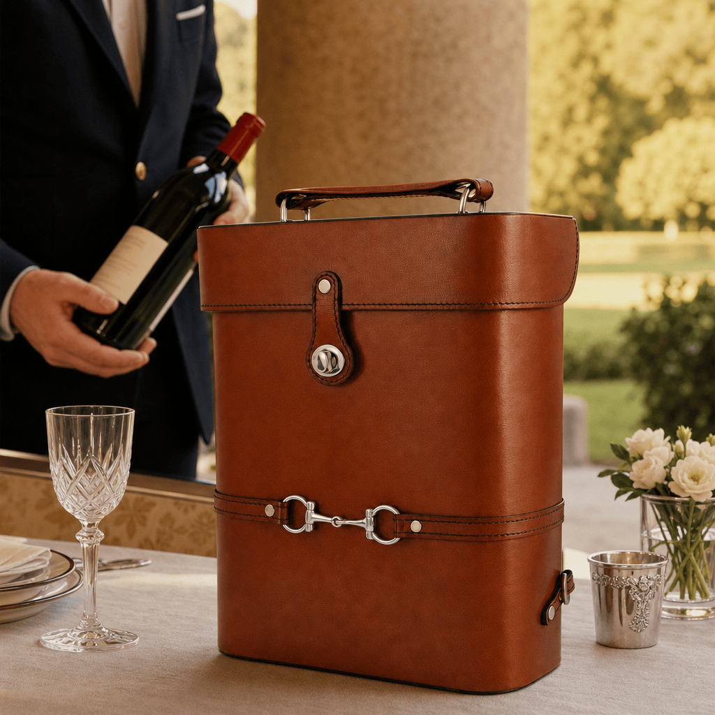 Premium Genuine Leather Double Wine Bottle Carrier / Tote with Bit Design 4
