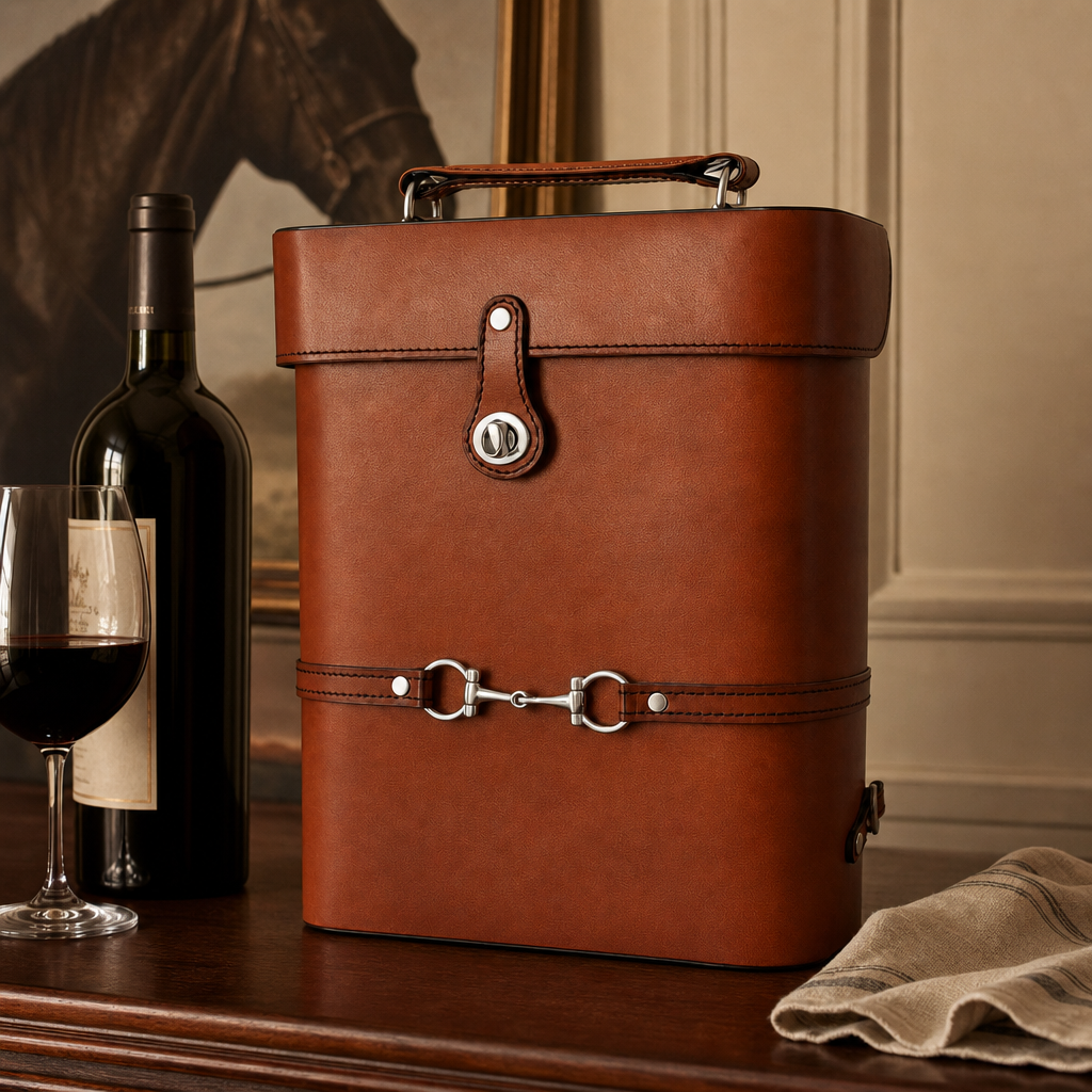 Premium Genuine Leather Double Wine Bottle Carrier / Tote with Bit Design 2