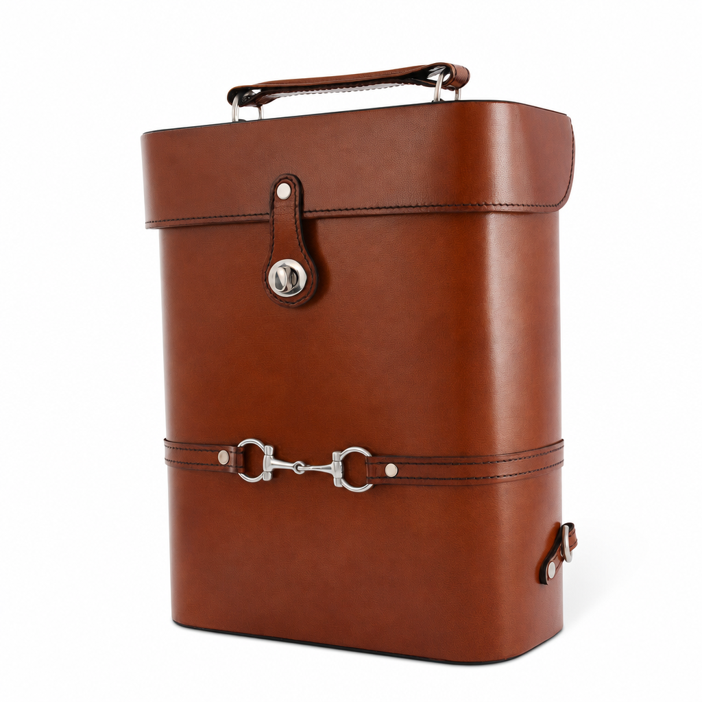 Premium Genuine Leather Double Wine Bottle Carrier / Tote with Bit Design 1