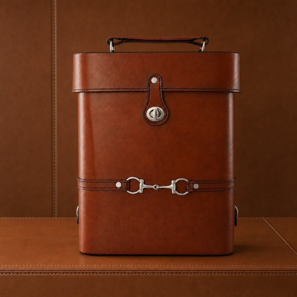 Premium Genuine Leather Double Wine Bottle Carrier / Tote with Bit Design 3