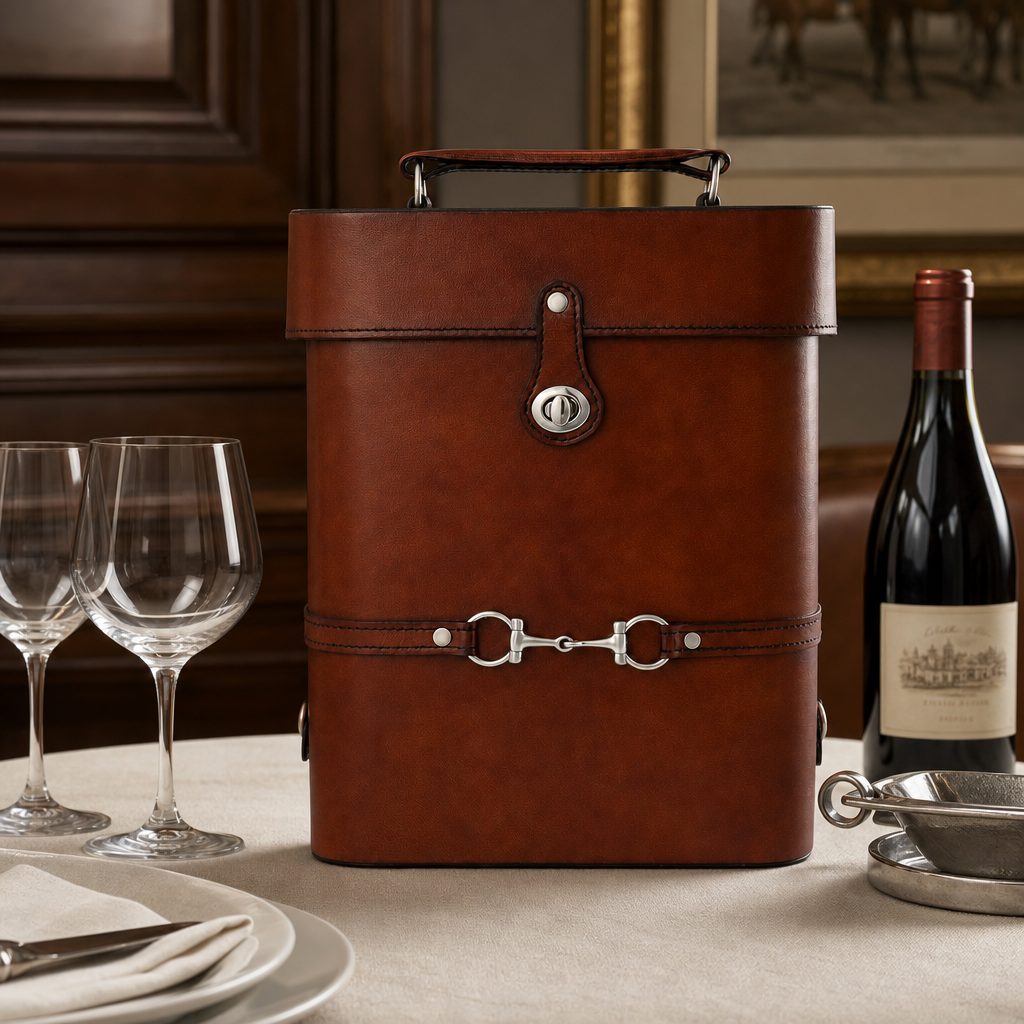 Premium Genuine Leather Double Wine Bottle Carrier / Tote with Bit Design 3