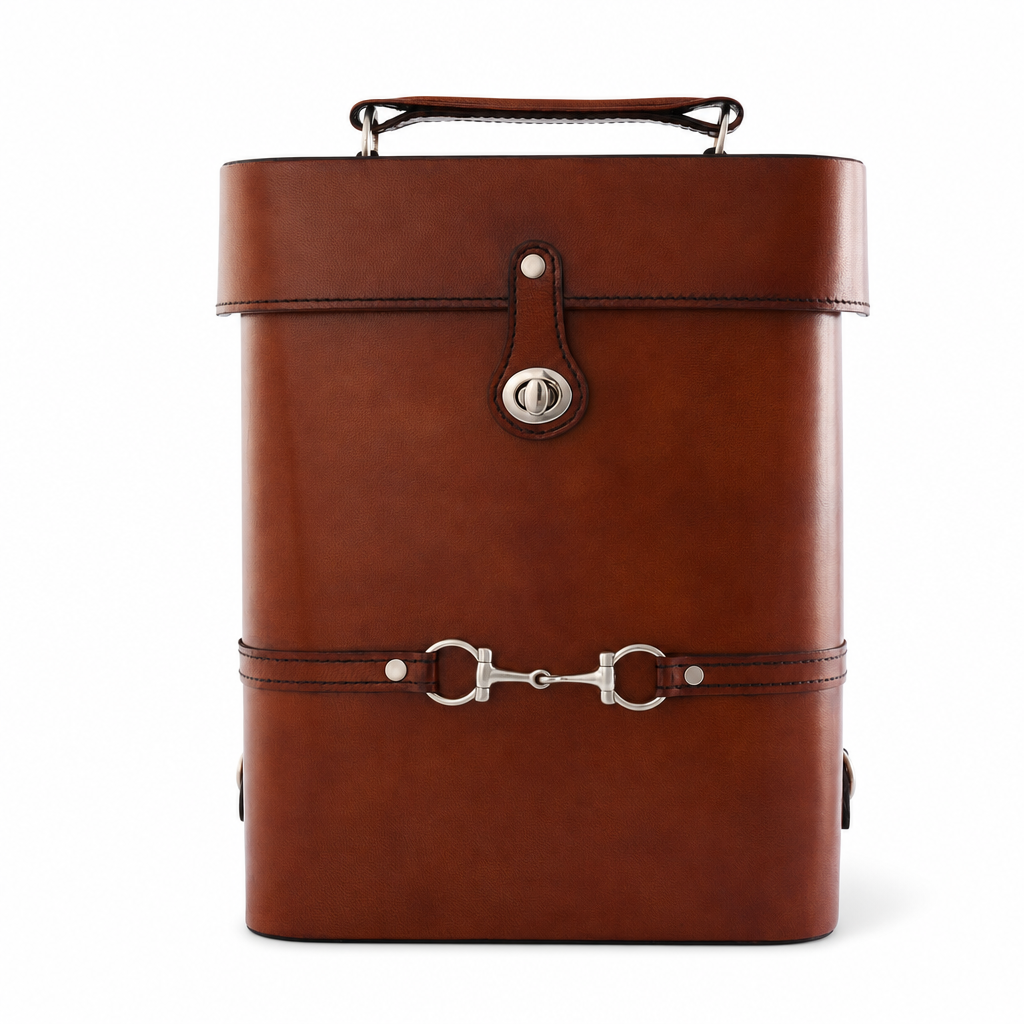 Premium Genuine Leather Double Wine Bottle Carrier / Tote with Bit Design 10