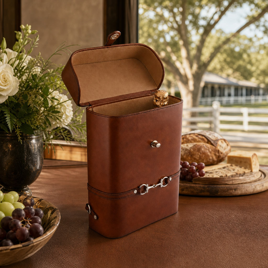 Premium Genuine Leather Double Wine Bottle Carrier / Tote with Bit Design 8