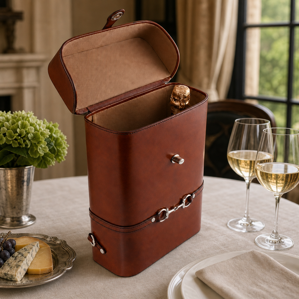 Premium Genuine Leather Double Wine Bottle Carrier / Tote with Bit Design 6
