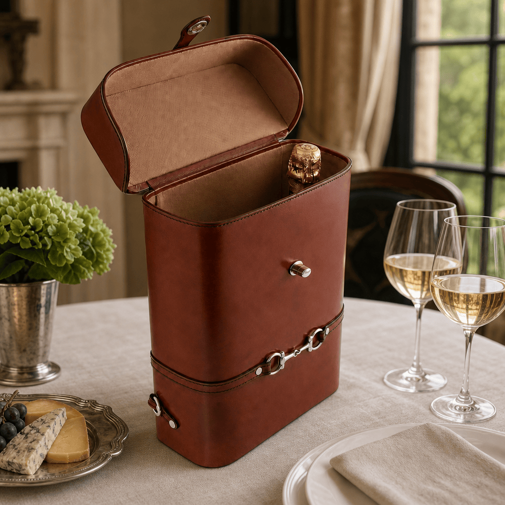 Premium Genuine Leather Double Wine Bottle Carrier / Tote with Bit Design 6