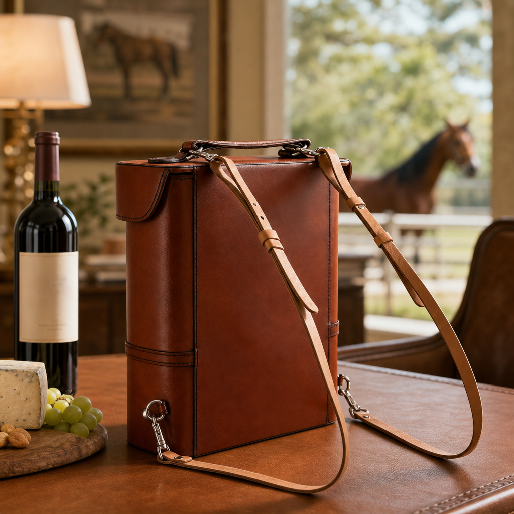 Premium Genuine Leather Double Wine Bottle Carrier / Tote with Bit Design 9