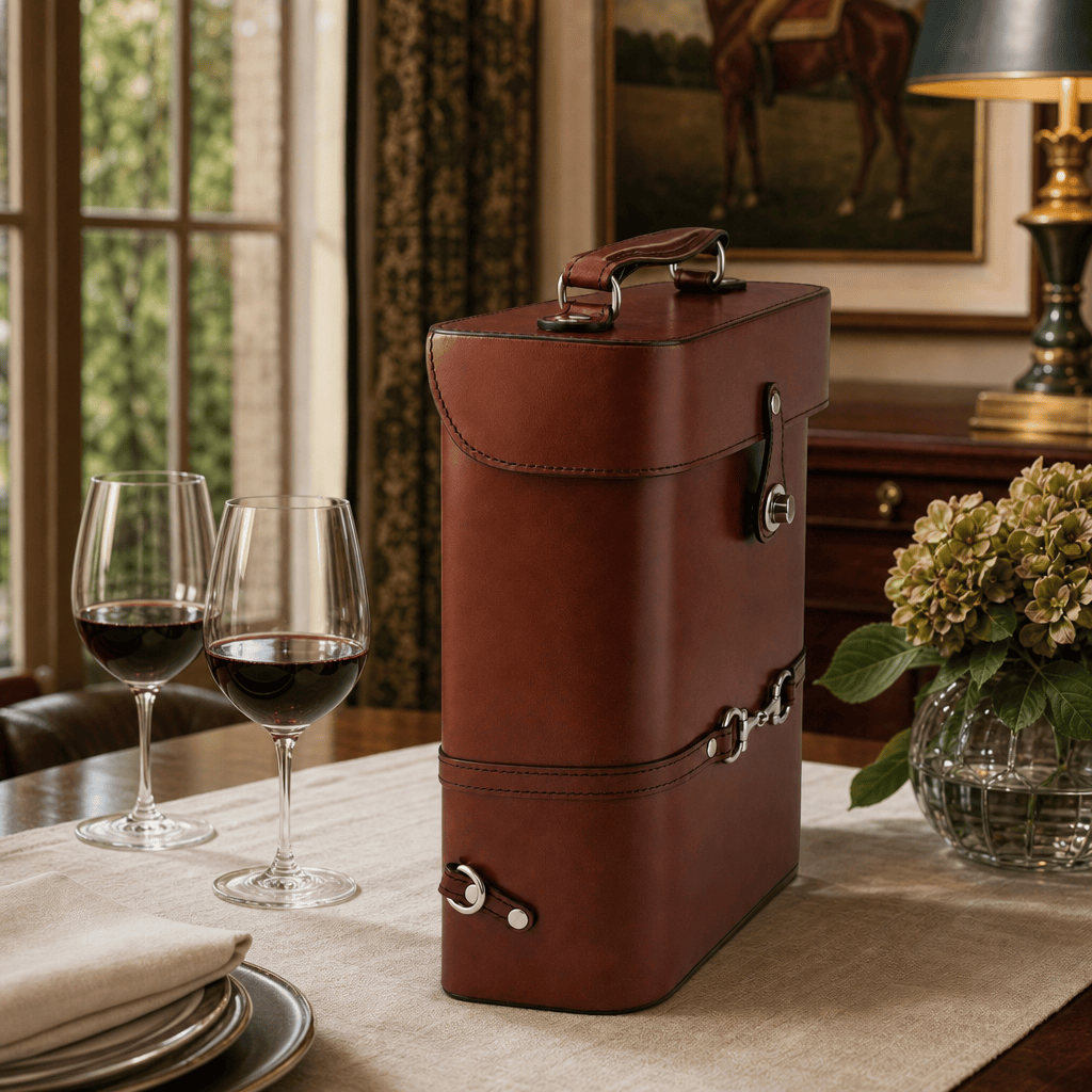 Premium Genuine Leather Double Wine Bottle Carrier / Tote with Bit Design 9