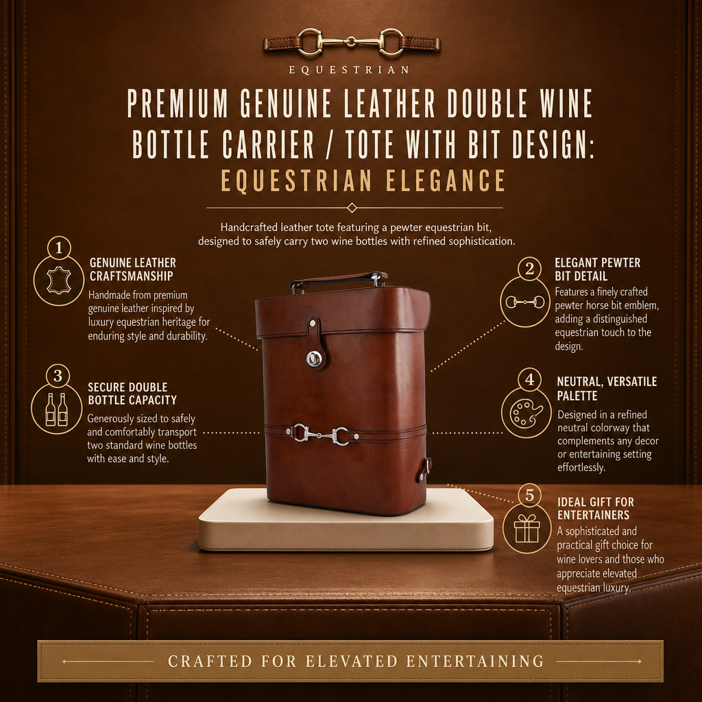 Premium Genuine Leather Double Wine Bottle Carrier / Tote with Bit Design 11