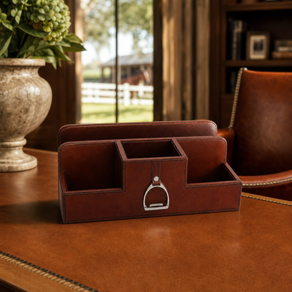 Premium Genuine Leather Stirrup Desk Organizer for Office 7