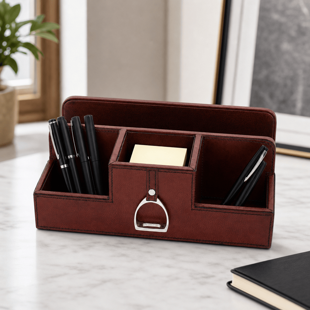 Premium Genuine Leather Stirrup Desk Organizer for Office 10