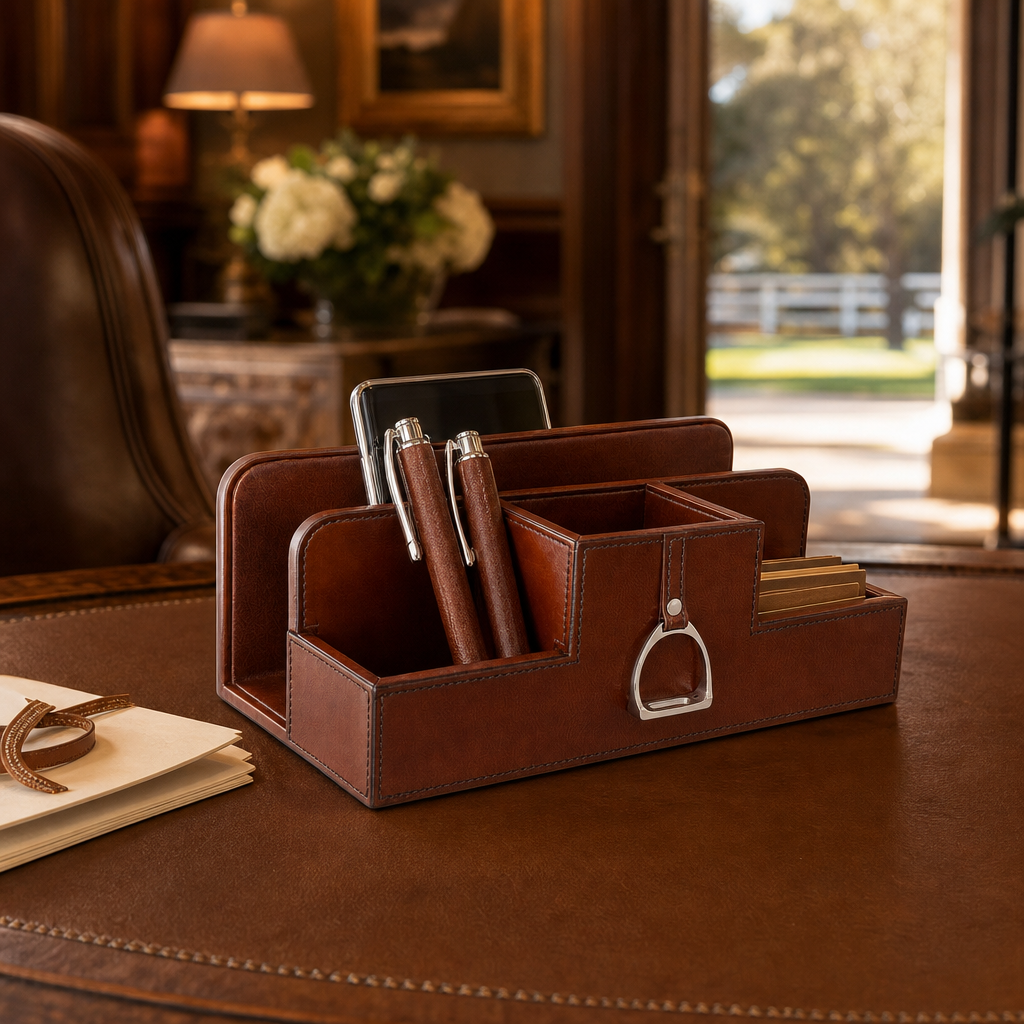 Premium Genuine Leather Stirrup Desk Organizer for Office 9