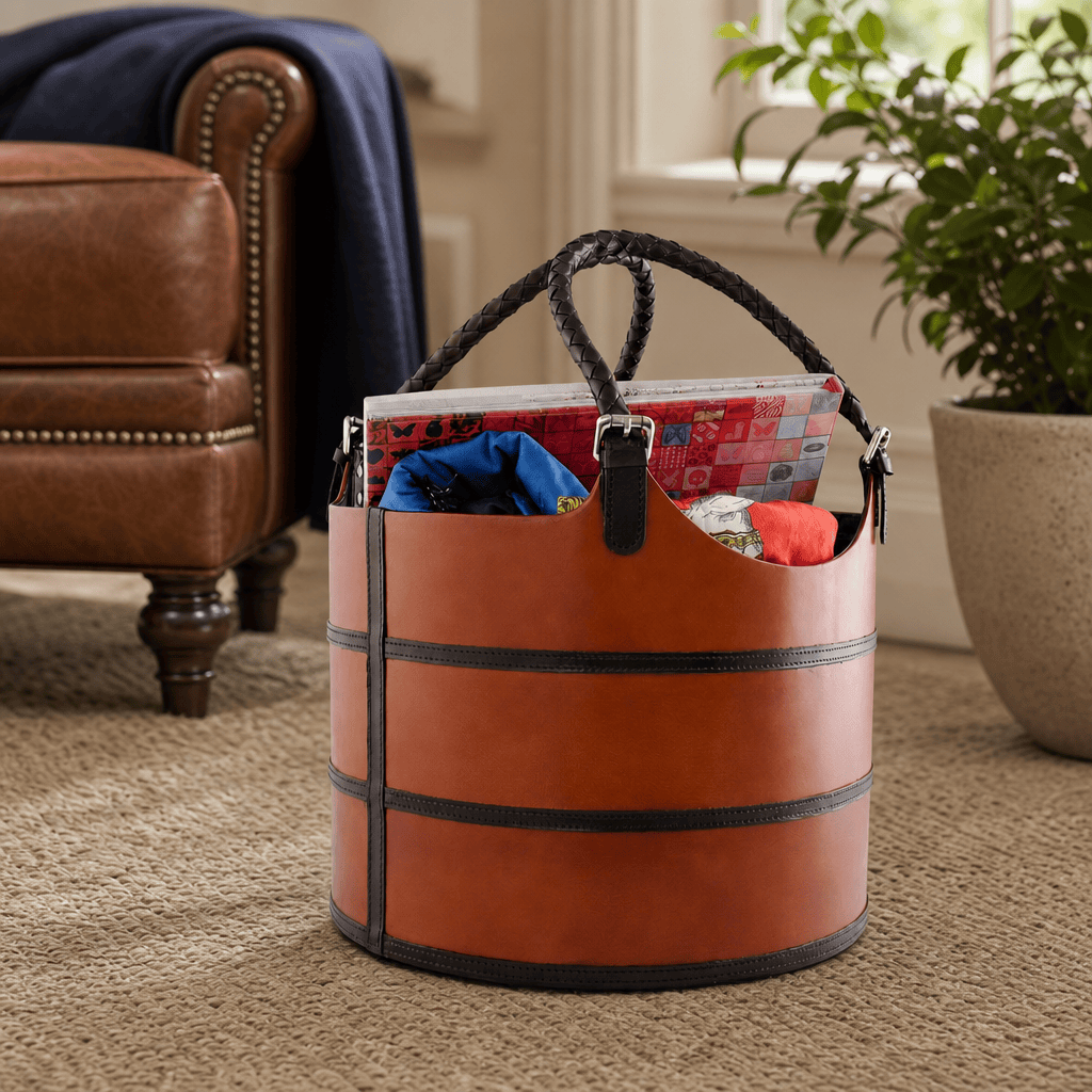 Premium Genuine Leather Equestrian Bit Magazine Basket – Stylish Home and Office Organizer 3