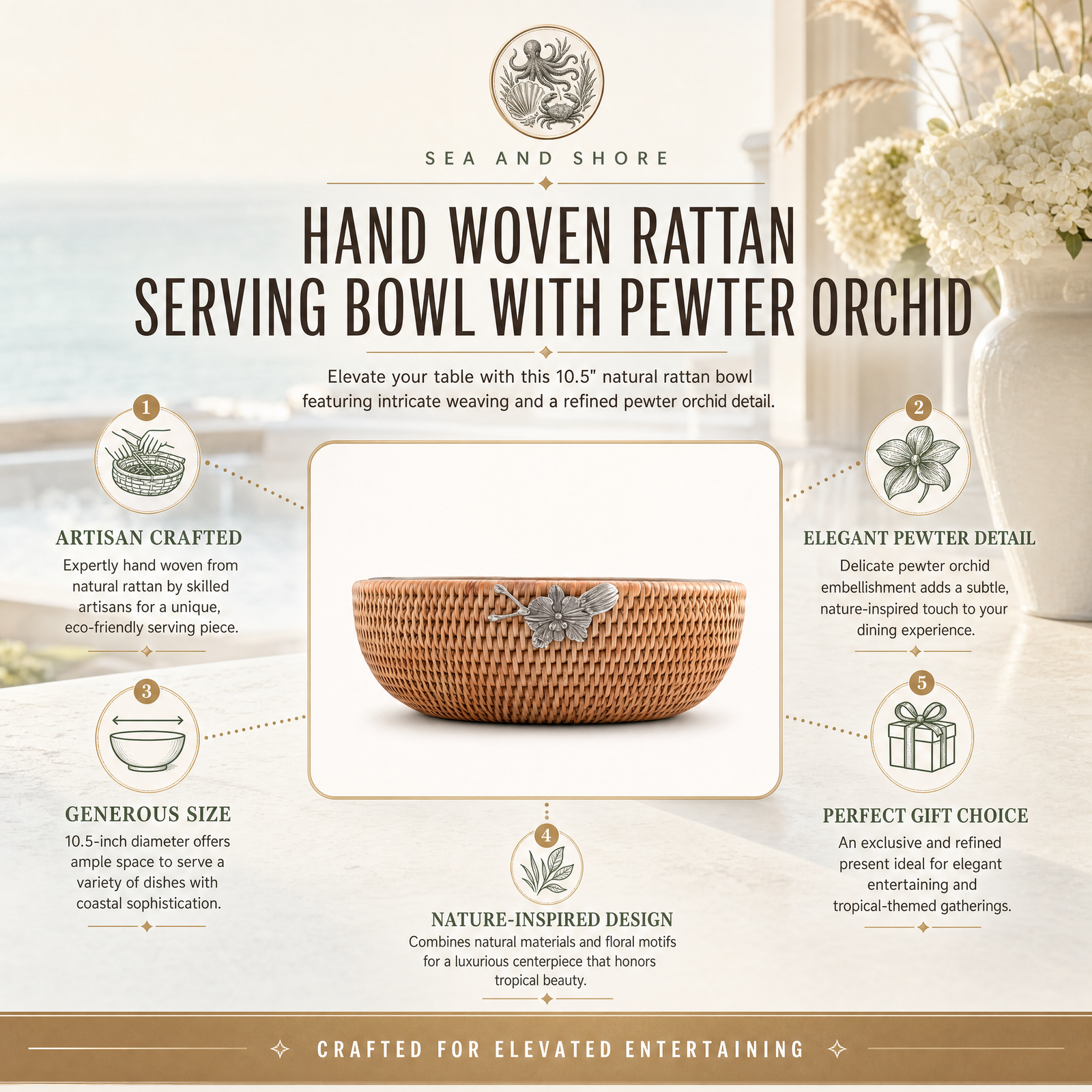 Orchid Hand Woven Wicker Natural Rattan Serving Bowl 11