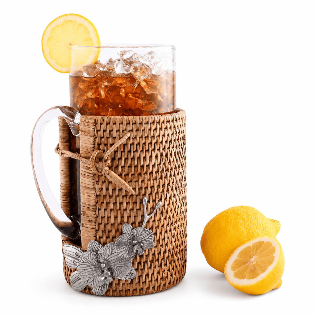 Orchid Glass Pitcher Hand Woven Wicker Natural Rattan Cover 1