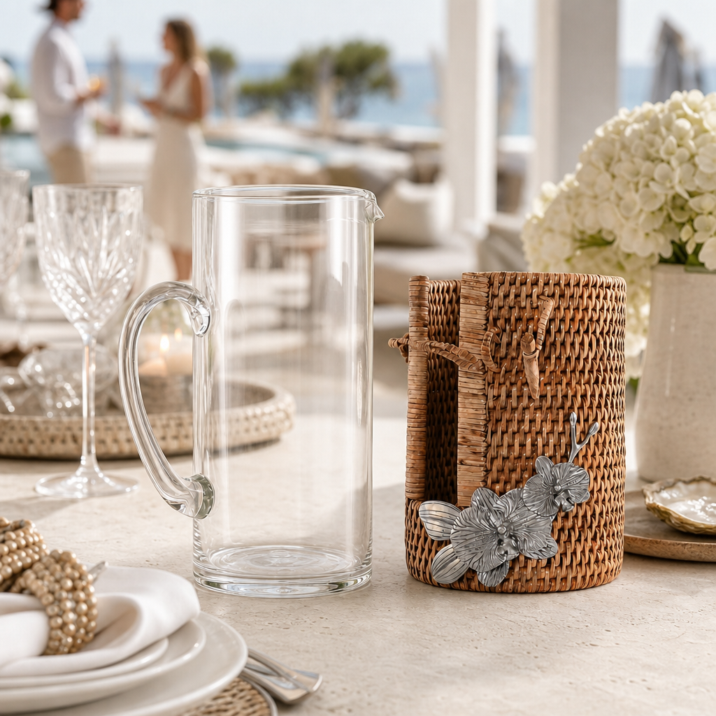 Orchid Glass Pitcher Hand Woven Wicker Natural Rattan Cover 7