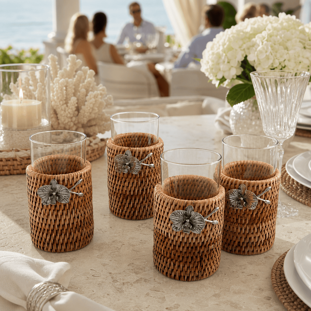 Orchid Drinking Glass Covered with Hand Woven Wicker Rattan - Set of 4 9