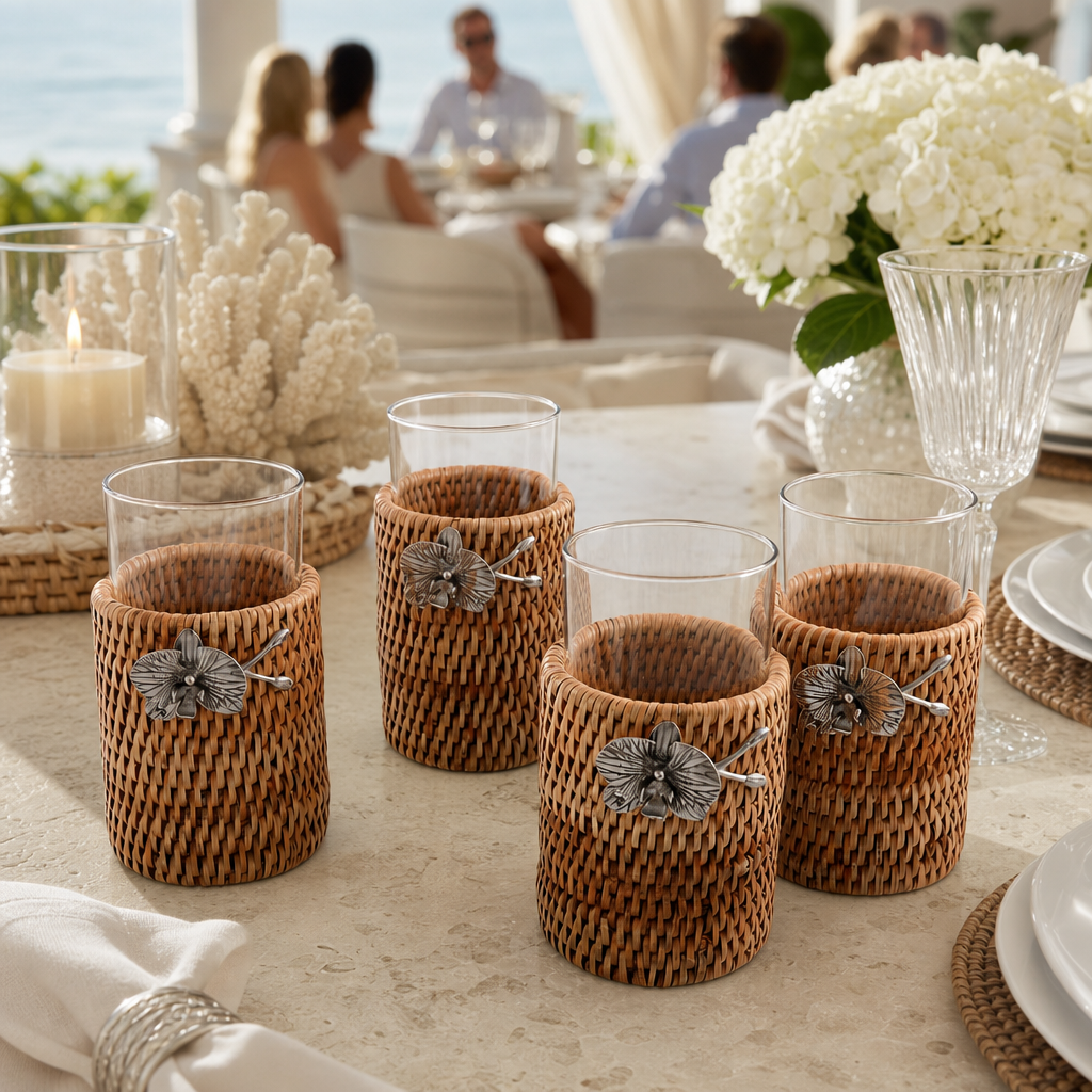 Orchid Drinking Glass Covered with Hand Woven Wicker Rattan - Set of 4 9