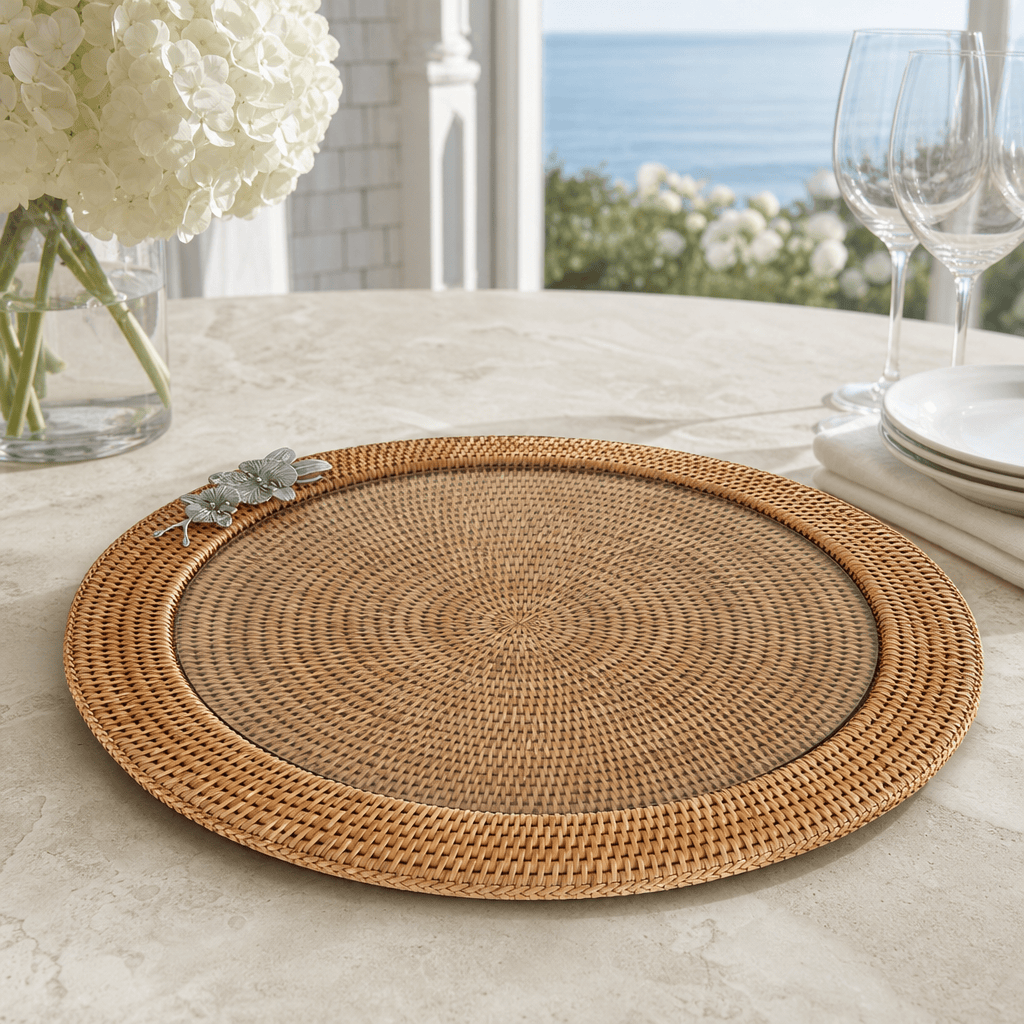 Orchid Round Serving Tray Hand Woven Wicker Rattan - Glass Insert 3
