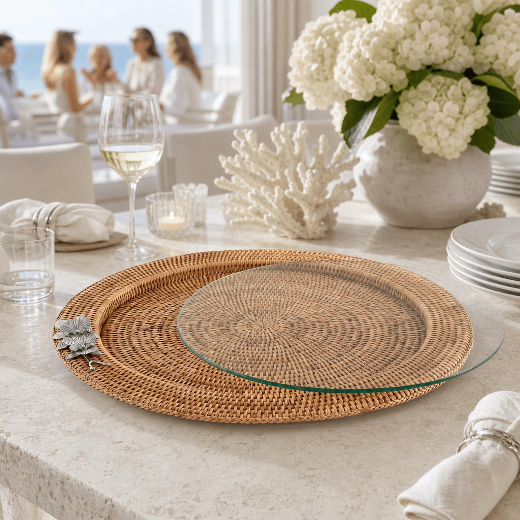 Orchid Round Serving Tray Hand Woven Wicker Rattan - Glass Insert 8