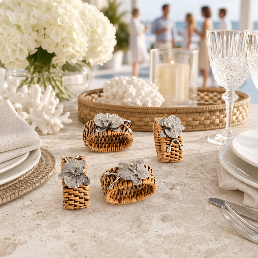 Orchid Hand Woven Wicker Rattan Napkin Ring - Set of 4 9