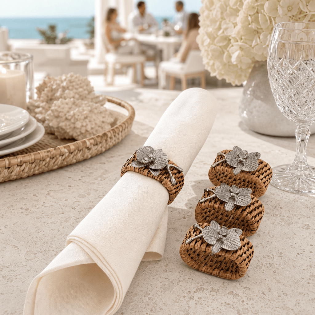 Orchid Hand Woven Wicker Rattan Napkin Ring - Set of 4 7
