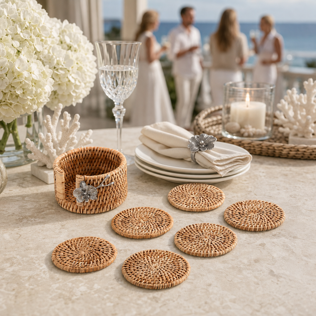 Orchid Hand Woven Wicker Rattan Coaster Set - 6 Coasters 7