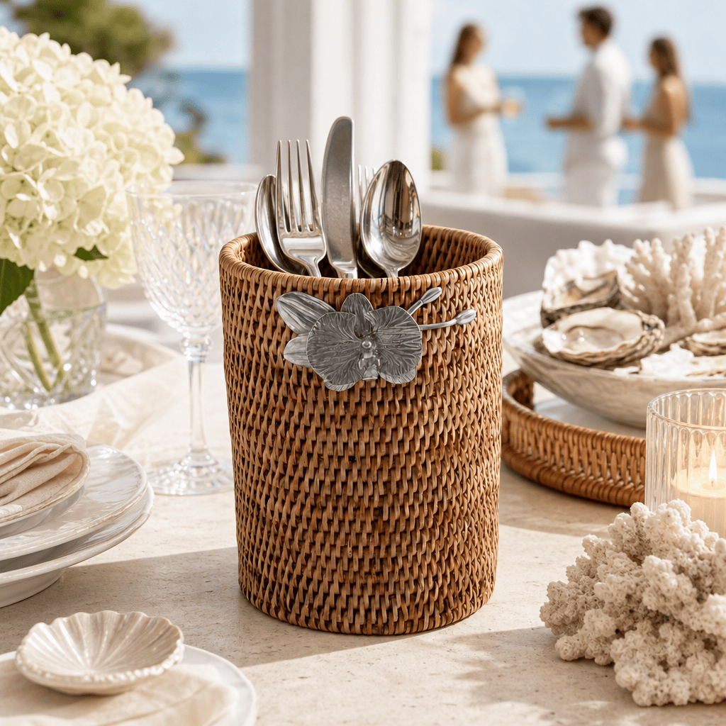 Orchids Hand Woven Wicker Rattan Utensils Holder 6