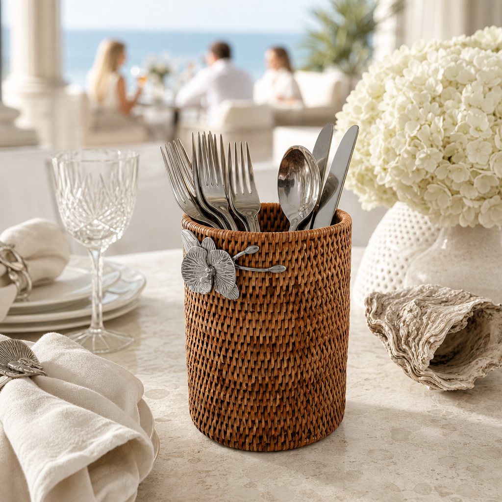 Orchids Hand Woven Wicker Rattan Utensils Holder 7