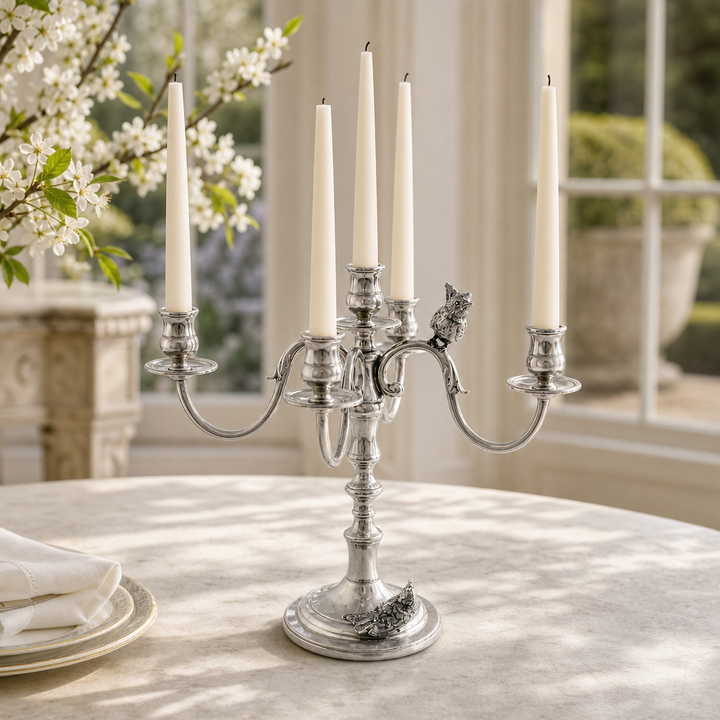 Five Taper Pewter Song Bird Candelabrum 4
