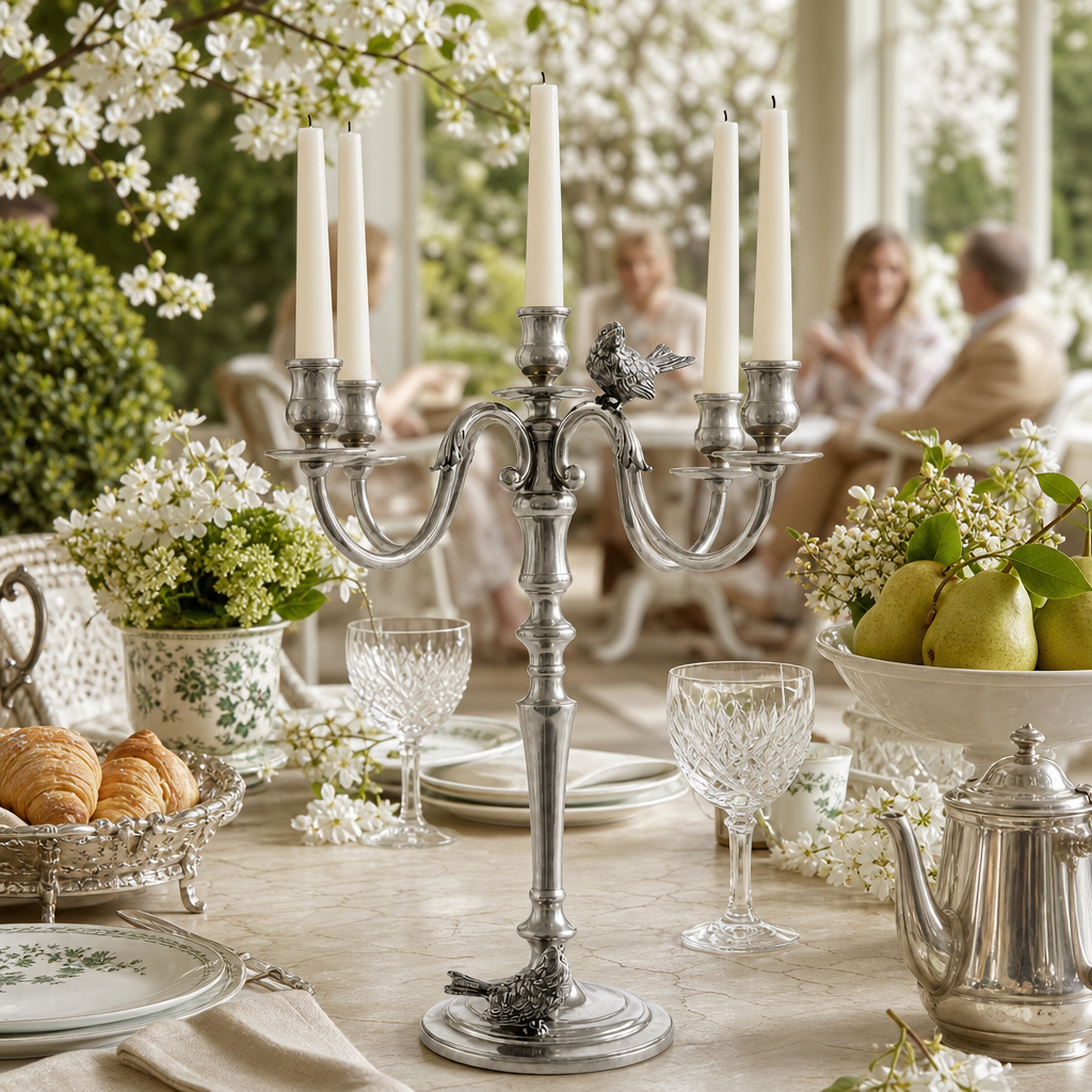 Five Taper Pewter Song Bird Candelabrum 6
