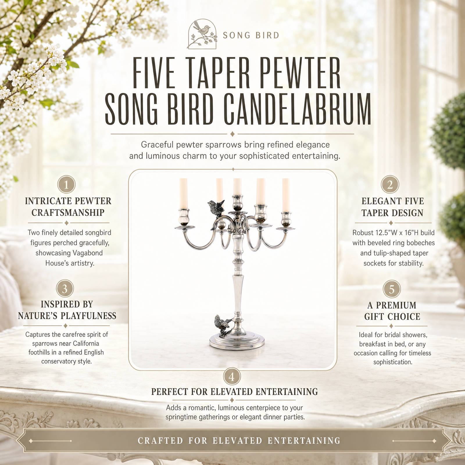 Five Taper Pewter Song Bird Candelabrum 9