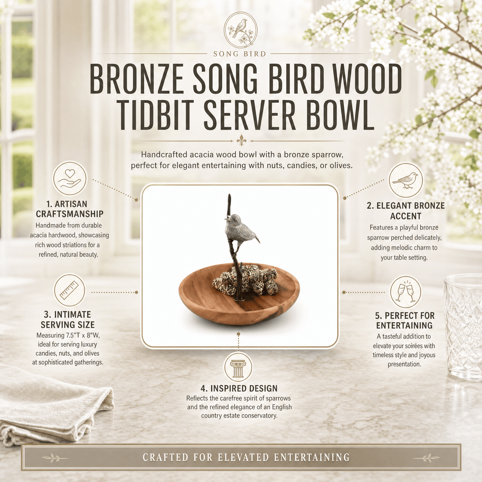 Bronze Song Bird Wood Tidbit Server Bowl 10