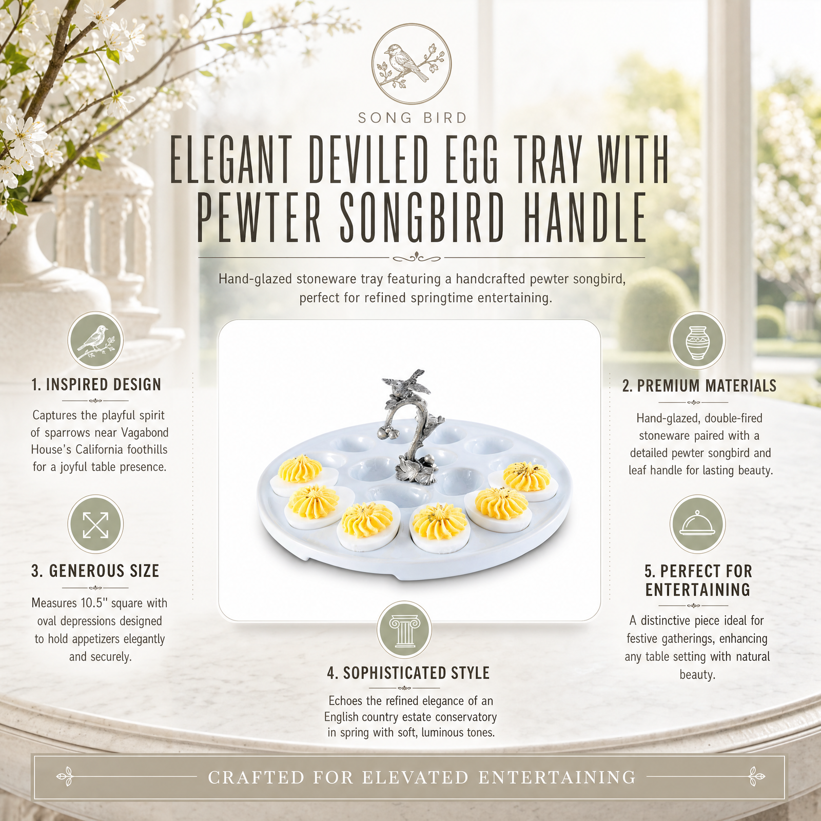 Deviled Egg Tray with Pewter Song Bird Handle 11