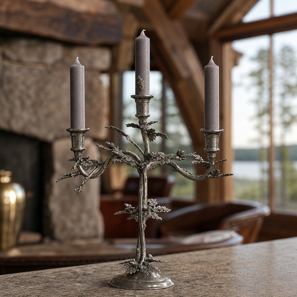 Three Taper Pewter Oak Leaf Candelabrum 4