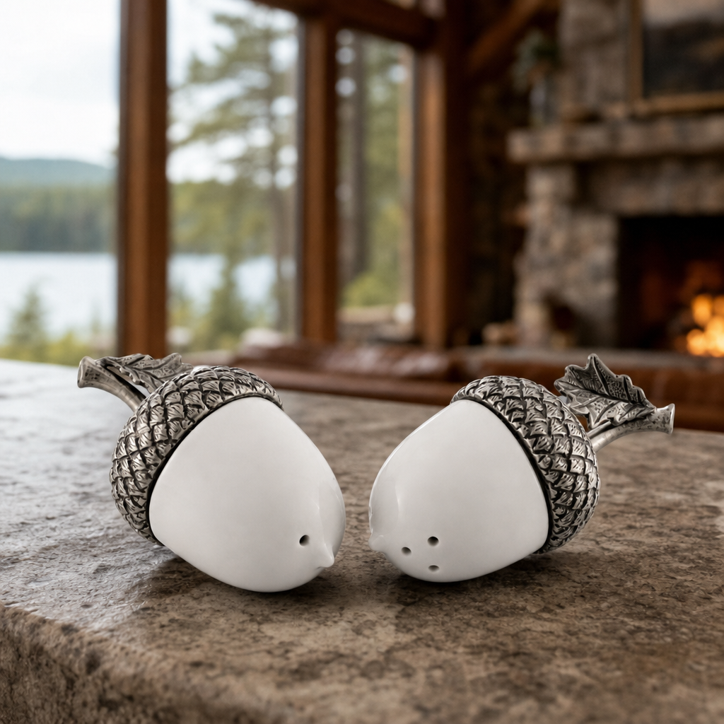 Porcelain Acorn Salt and Pepper with Pewter Leaf 3