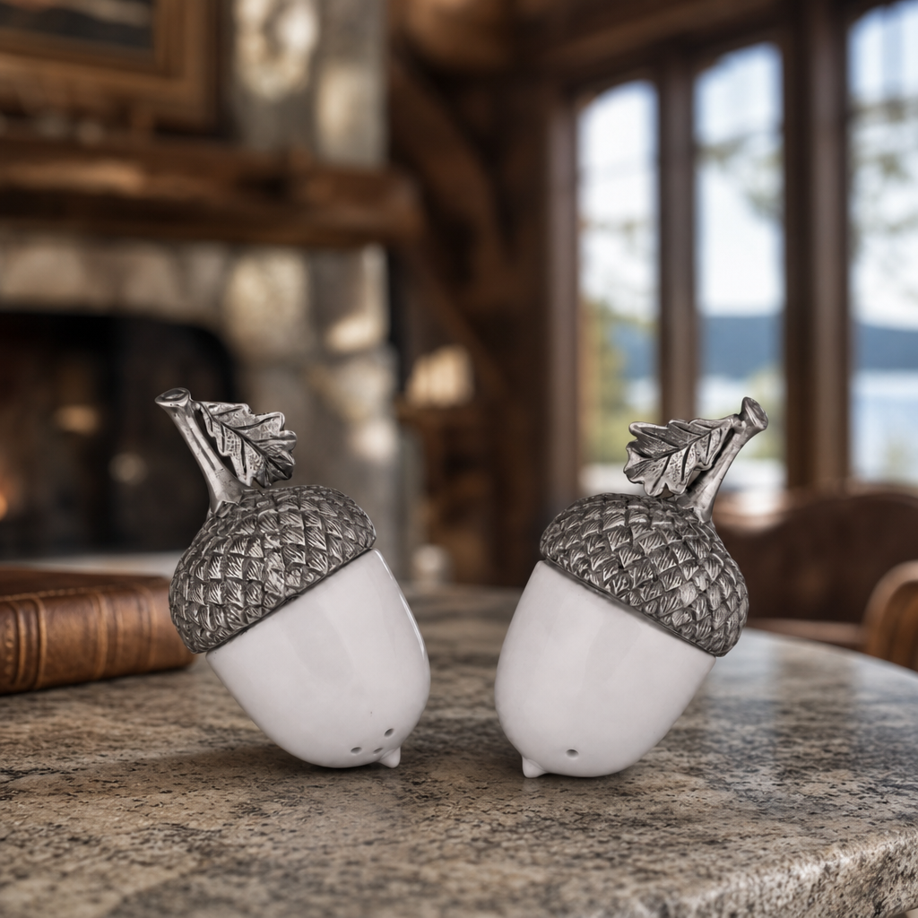 Porcelain Acorn Salt and Pepper with Pewter Leaf 5