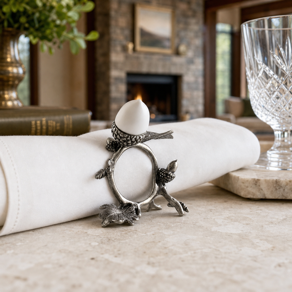 Porcelain Acorn & Oak Leaf Napkin Ring with Pewter 6