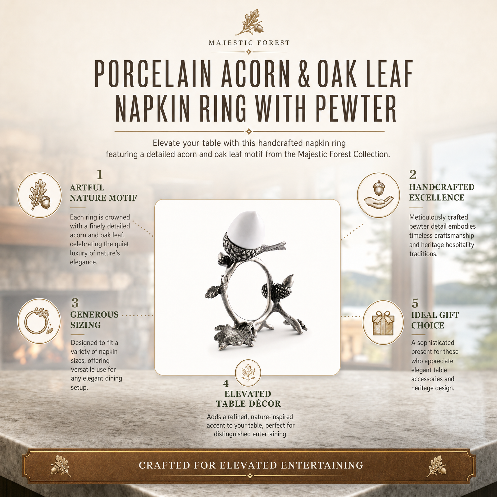 Porcelain Acorn & Oak Leaf Napkin Ring with Pewter 11
