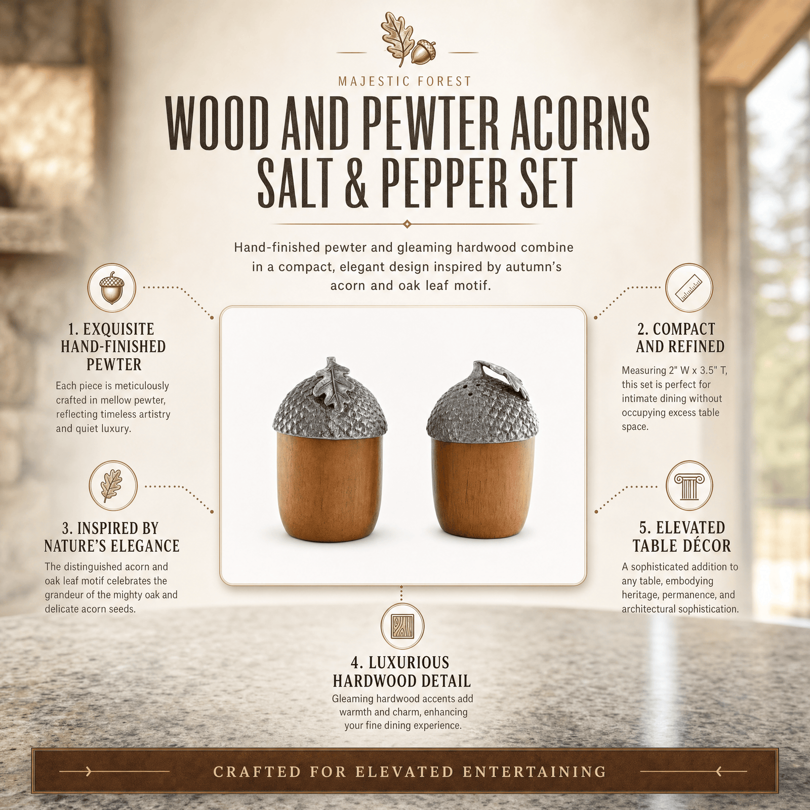 Wood and Pewter Acorns Salt & Pepper Set 10