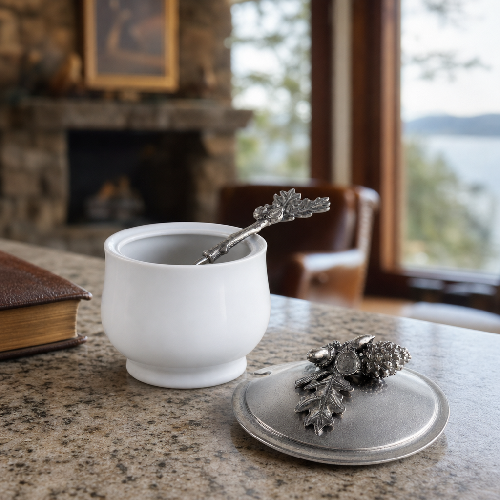 Acorn Oak Leaf Sugar Bowl and Spoon 3