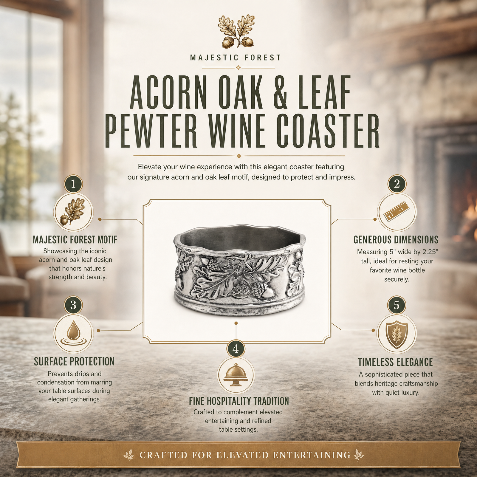 Acorn Oak & Leaf Pewter Wine Coaster 12
