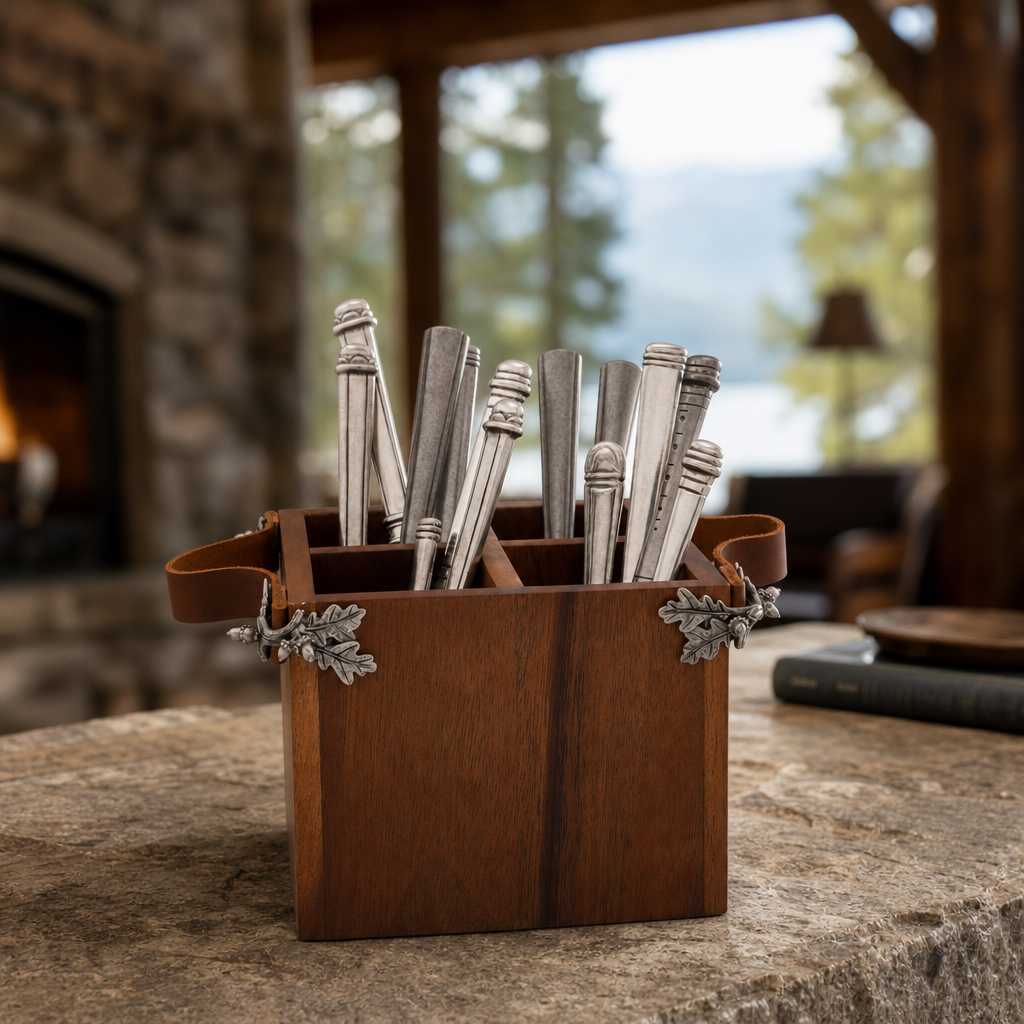 Acorn Oak Leaf Flatware Caddy - Square Box Wood 4