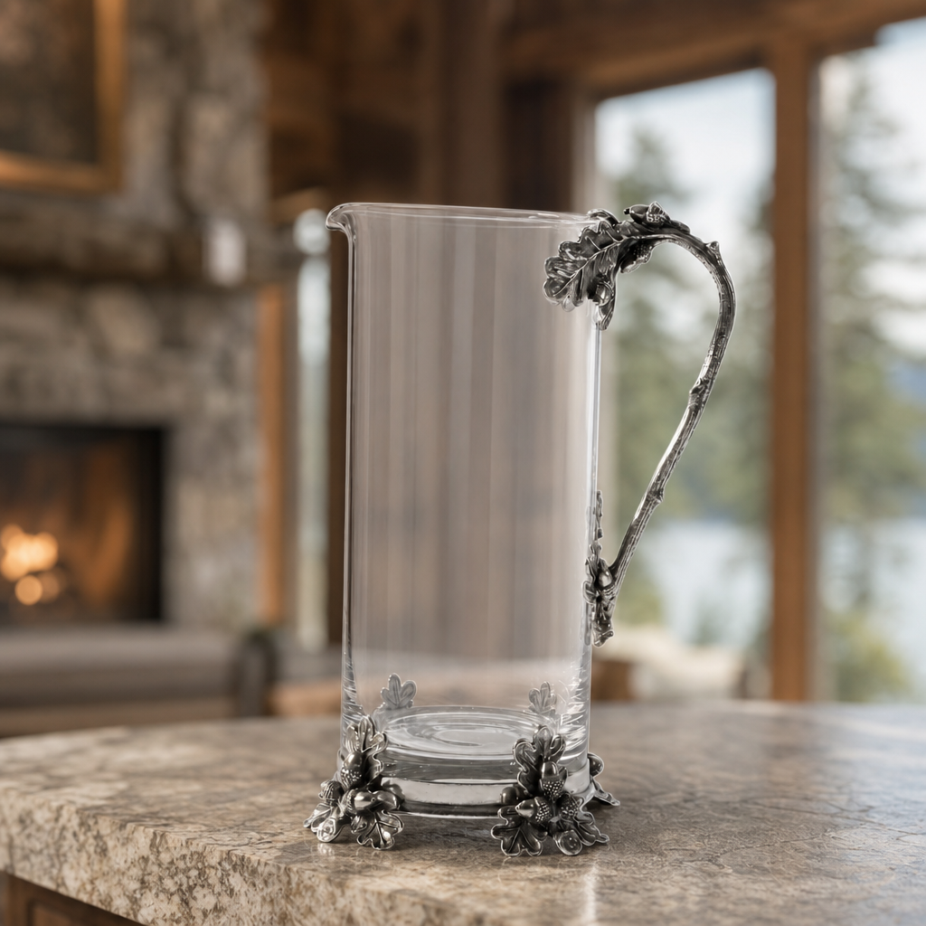 Glass Pitcher Pewter Acorn & Oak Leaf Handle 3